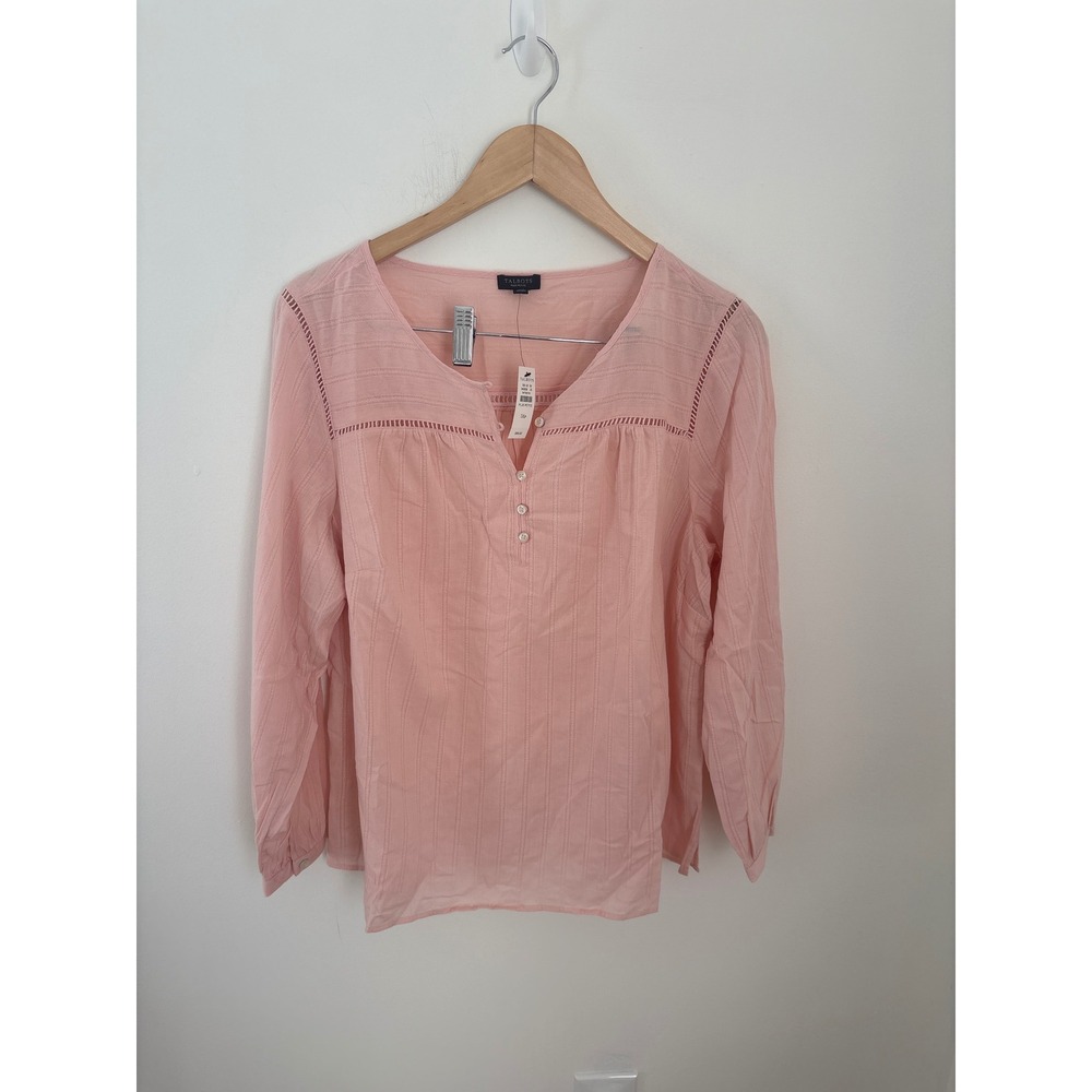Talbots Plus Petite 1XP Pink Cotton Textured Stripe Ladder‎ Lace Blouse NWT